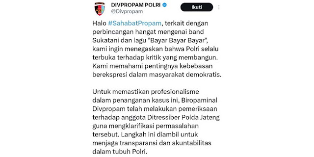 Propam Periksa Anggota Ditsiber Polda Jateng Terkait Permintaan Maaf Personel Sukatani Band