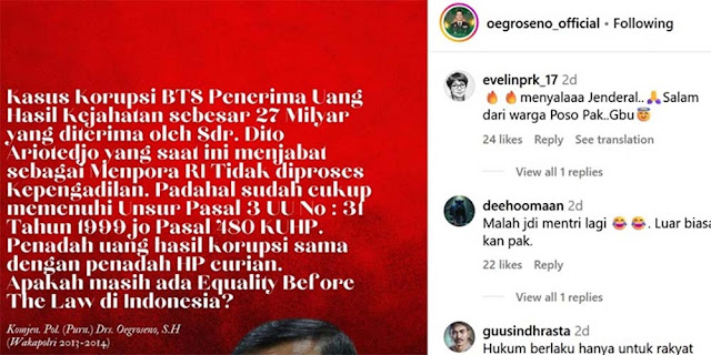 Postingan Oegroseno soal Dito Ariotedjo Terima Uang Korupsi BTS Banjir Dukungan