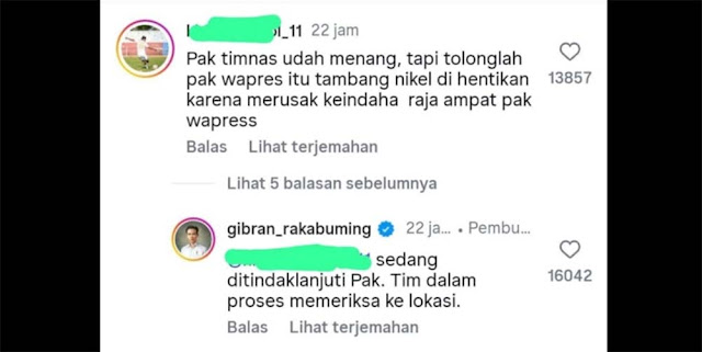 Warganet Senggol Nikel Raja Ampat saat Gibran Unggah Timnas Menang