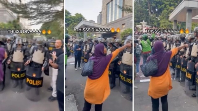 Viral Lagi! Setelah Pukul Mundur Brimob, Ibu Berjilbab Pink Kembali Semprot Polisi di Tengah Aksi