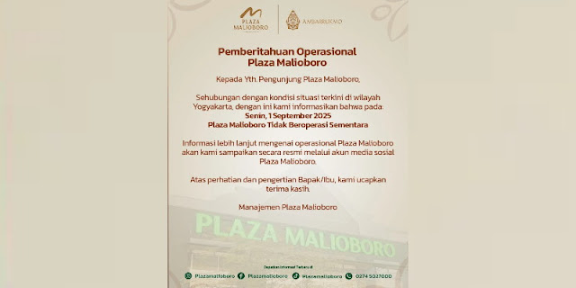 Akan Ada Demo Besar-besaran di Yogyakarta, Mal Malioboro Tutup Hari Ini