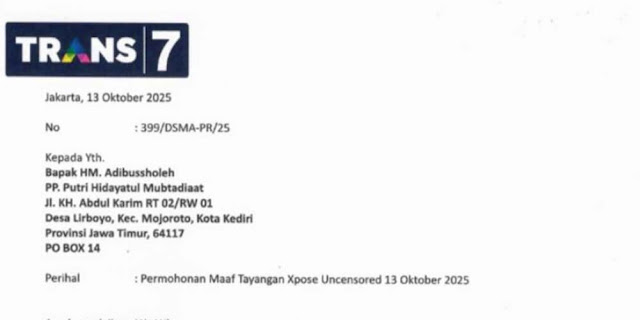Keluarga Ponpes Lirboyo Terima Surat Misterius dari Trans7, Isinya Bikin Heboh