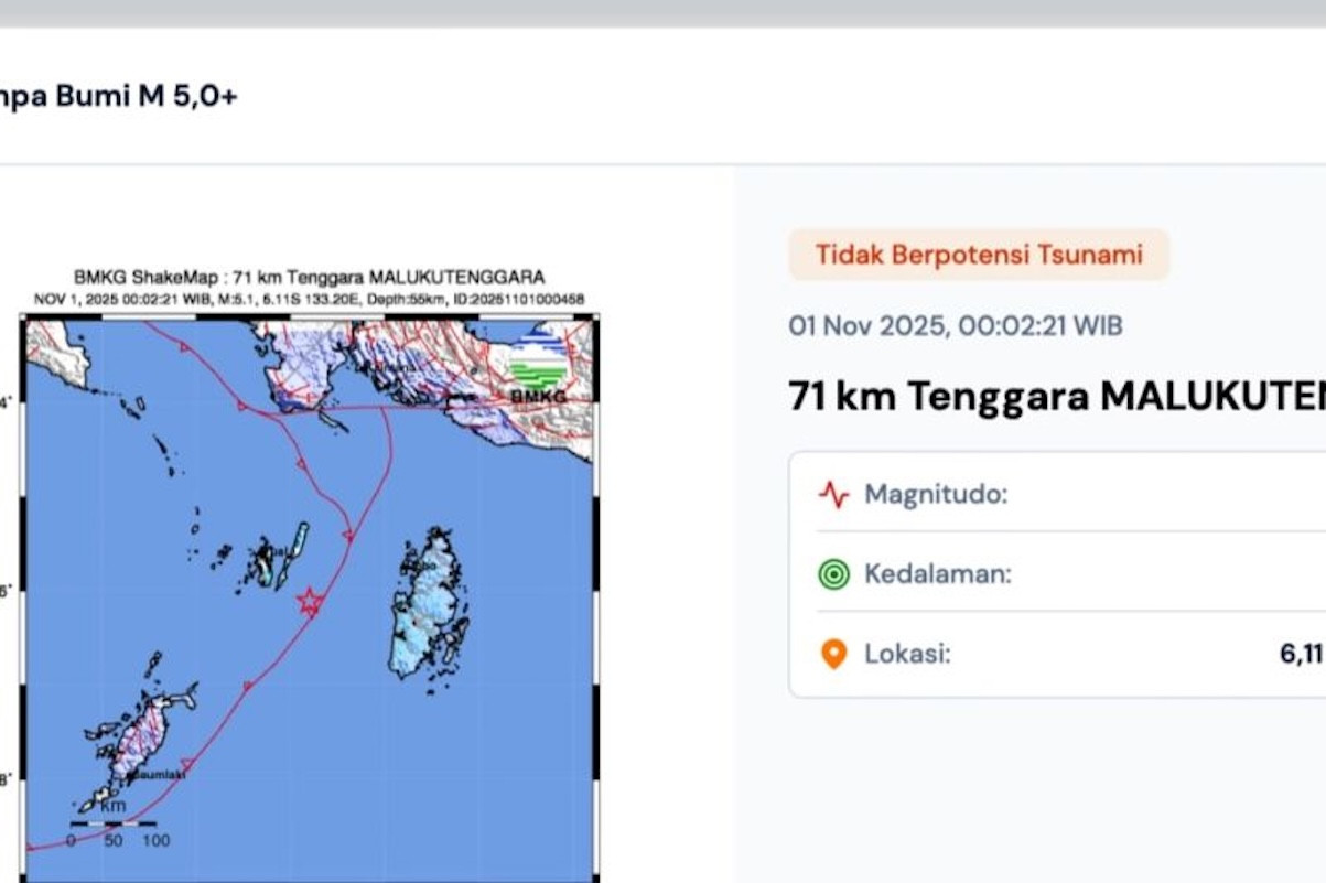 Gempa M 5.1 Guncang Maluku Tenggara, BMKG Konfirmasi Tak Berpotensi Tsunami