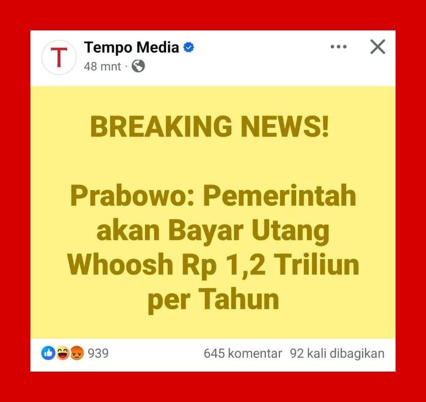 Prabowo Tegaskan Bayar Utang Kereta Cepat Whoosh Rp 1,2 Triliun per Tahun