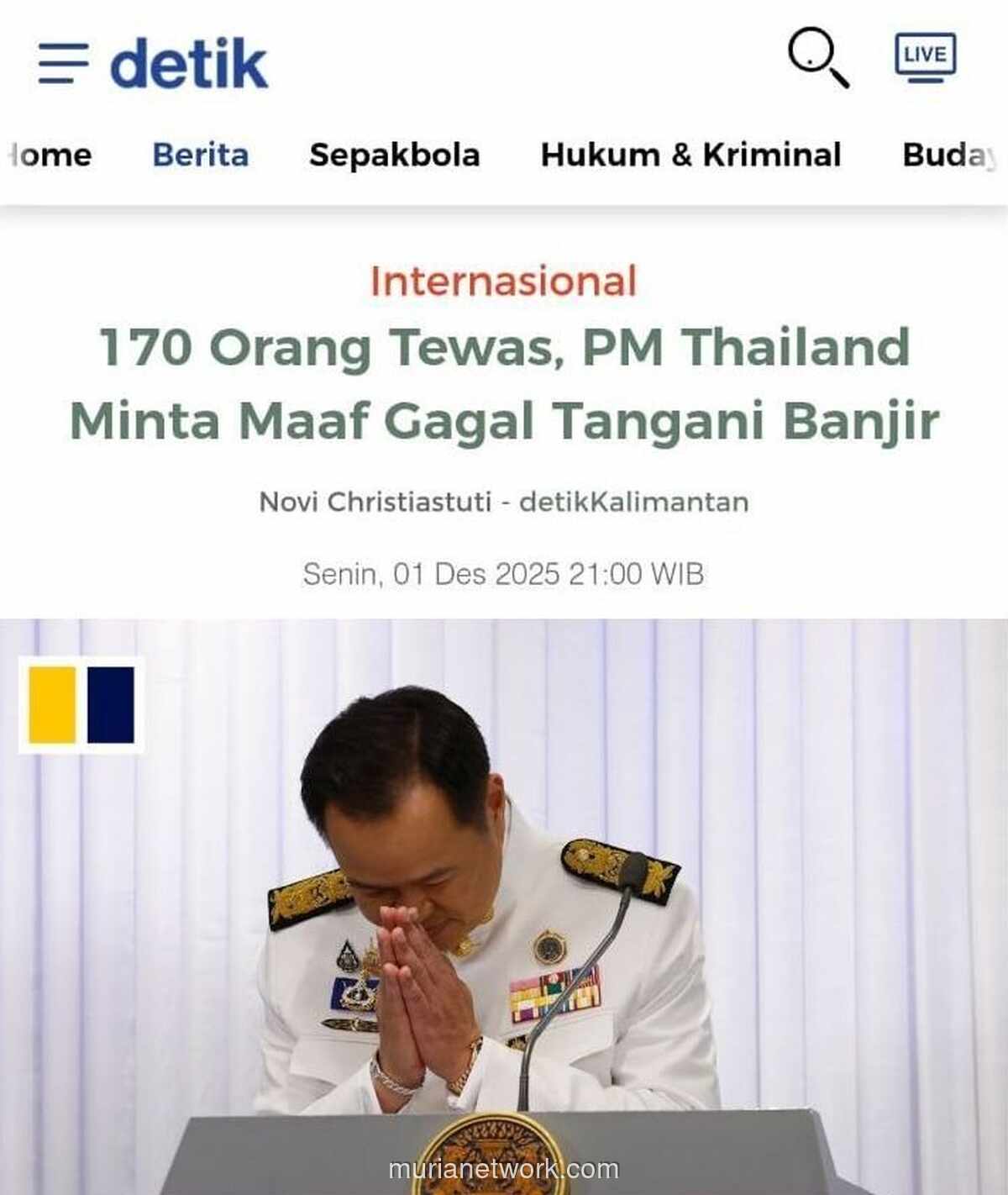 Banjir Thailand Tewaskan 170 Jiwa, PM Anutin Akui Negara Gagal Tangani Krisis