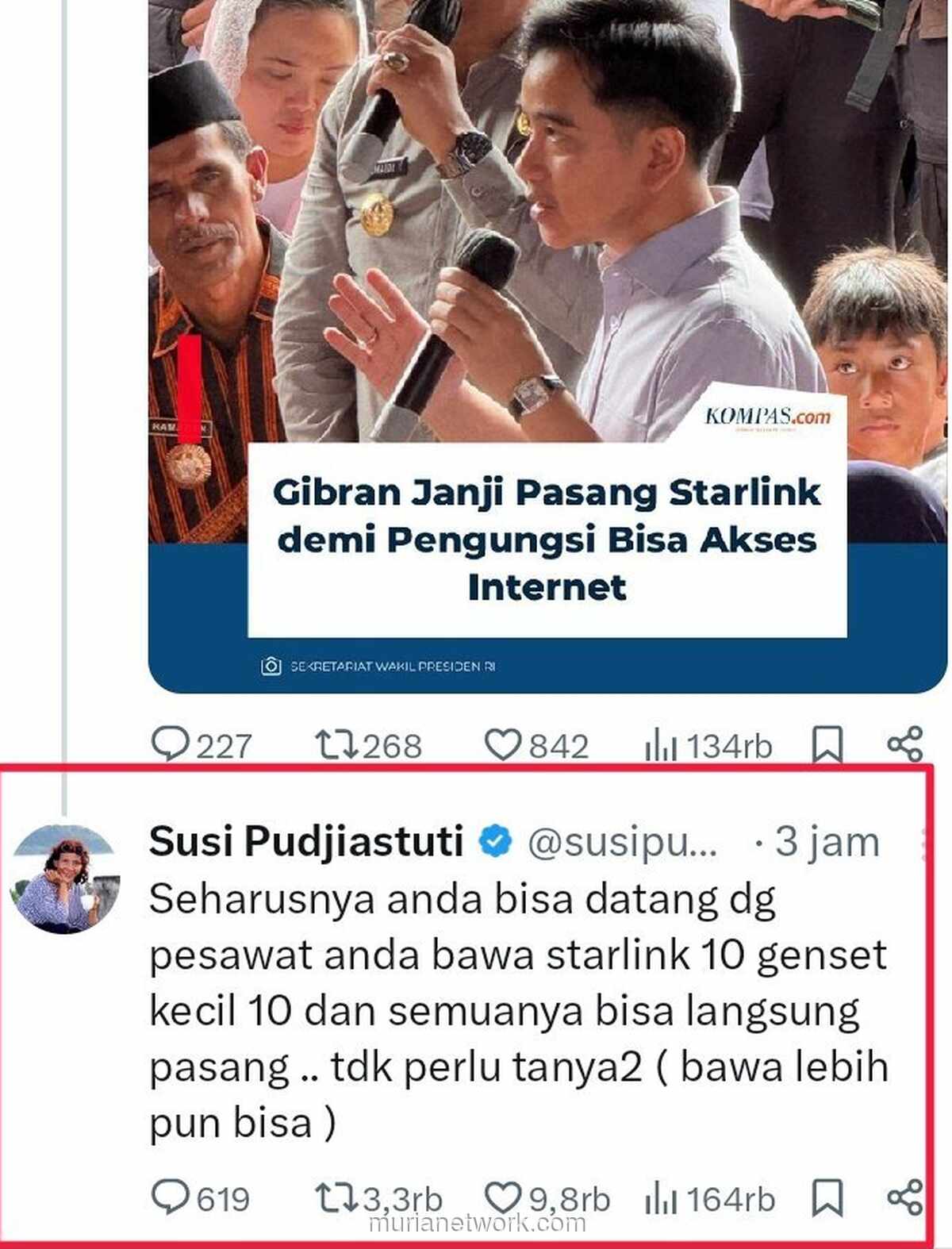 Gibran Janjikan Starlink ke Pengungsi, Susi Sindir: Bisa Langsung Dibawa Sekarang