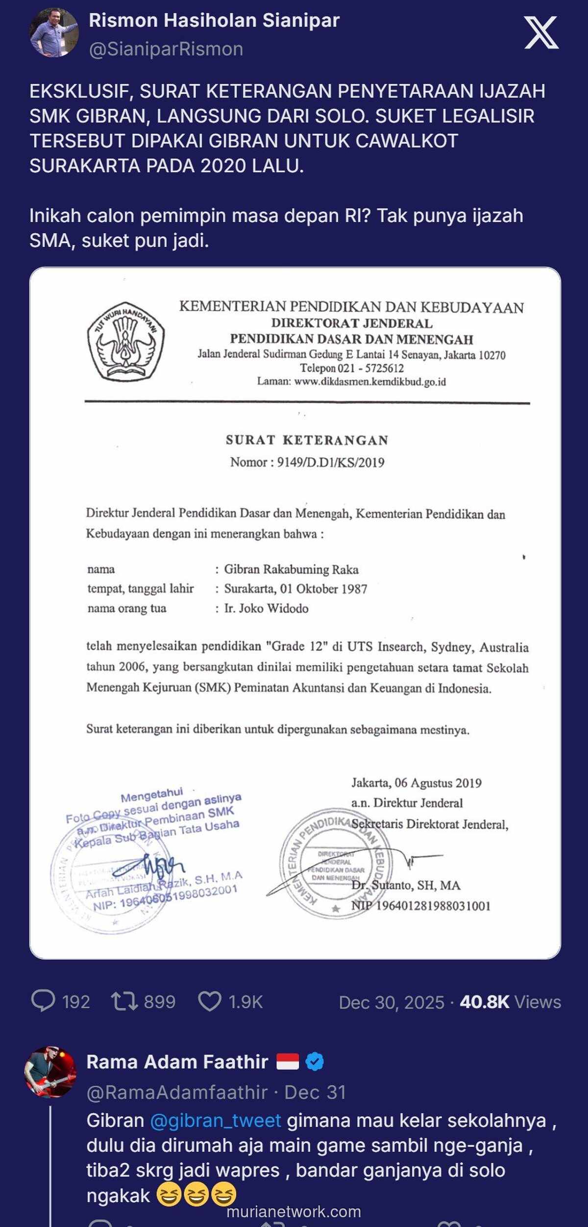 Surat Keterangan Gibran Beredar, Kursus di Sydney Disebut Disetarakan SMK