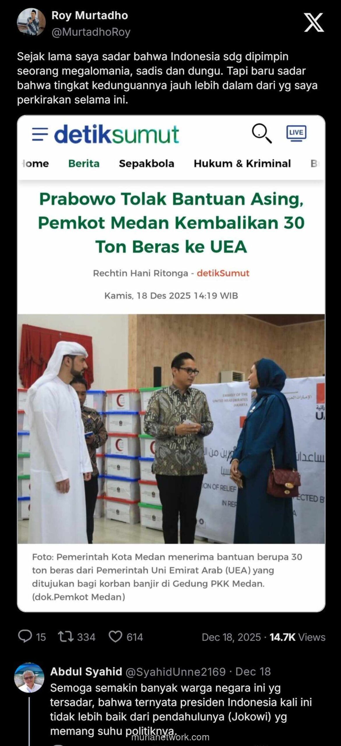 30 Ton Beras Bantuan UEA Dipulangkan Pemkot Medan Usai Instruksi Pusat