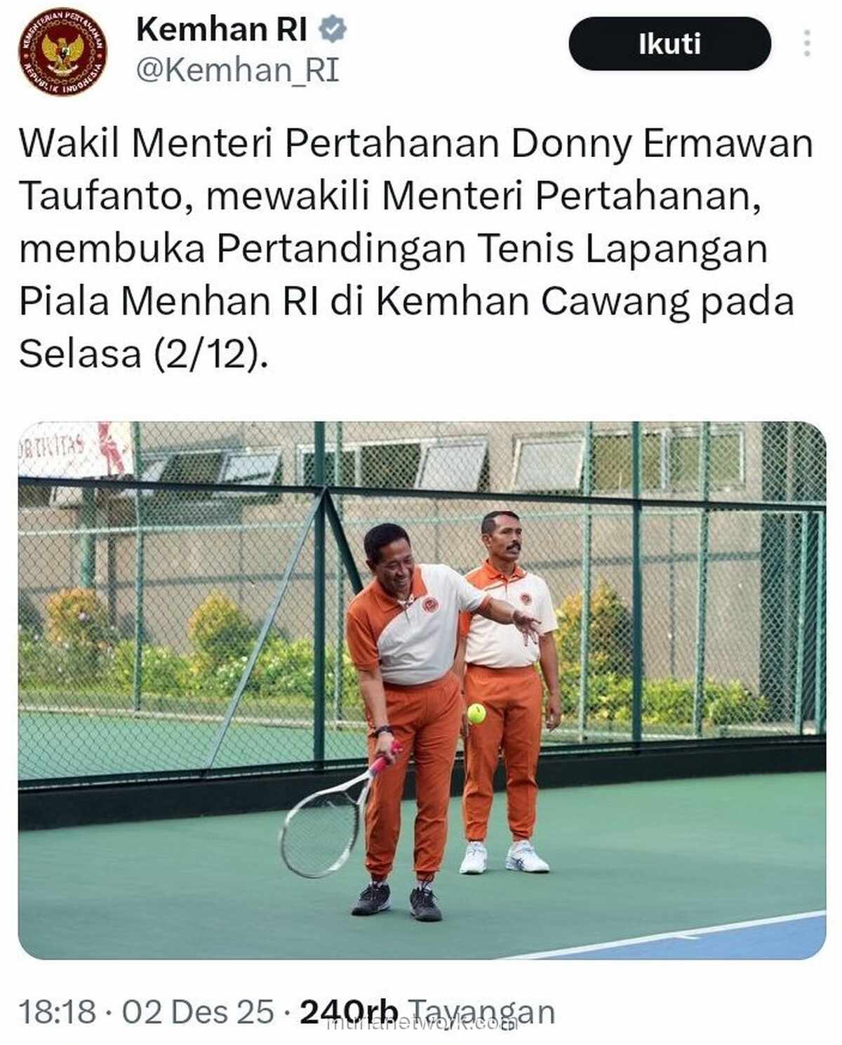Kemhan Hapus Cuitan Lomba Tenis, Dikecam Tak Peka Saat Korban Banjir Berduka