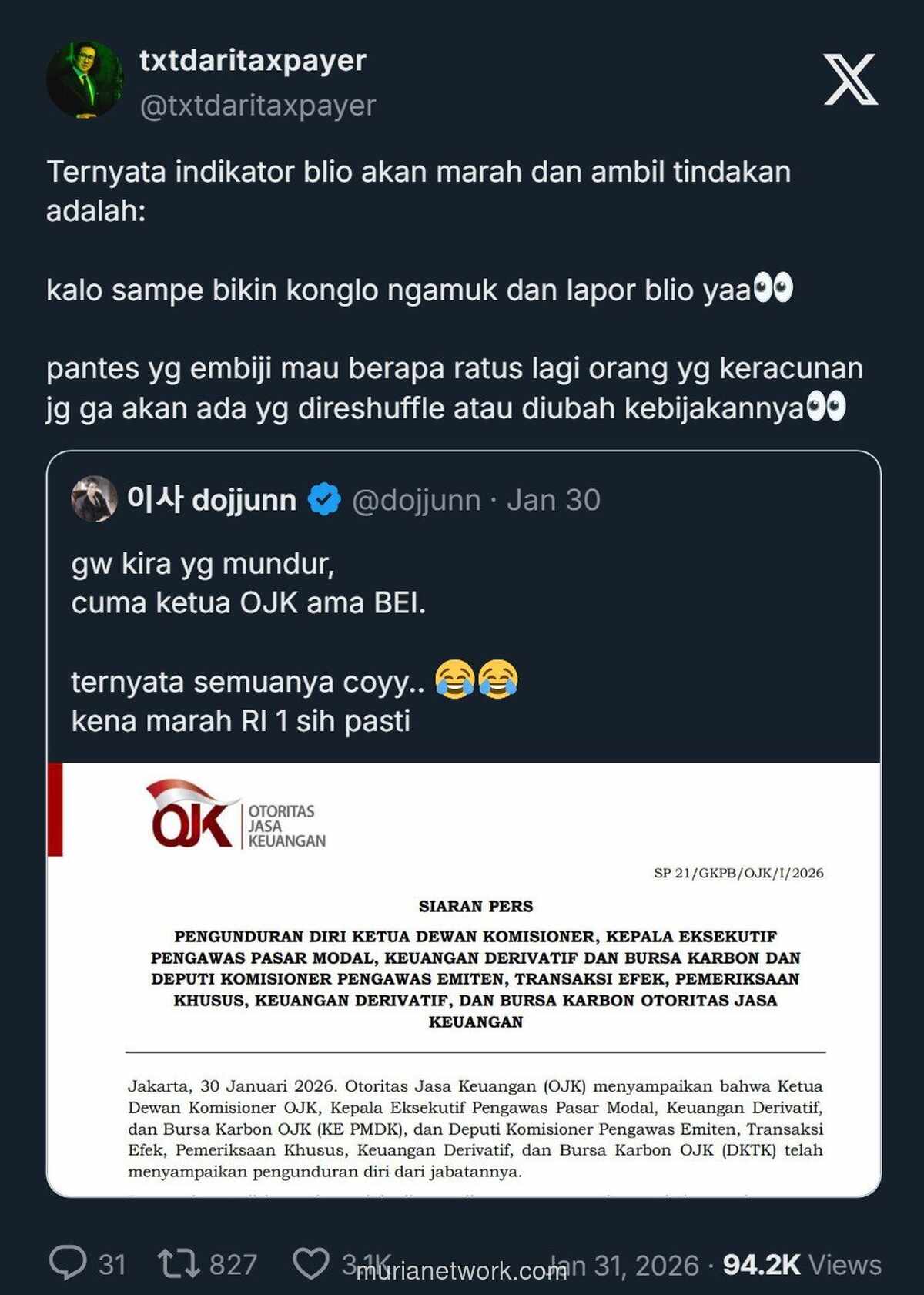 Anjloknya IHSG Berujung Pembersihan di BEI dan OJK, Netizen: Cuma Tunduk pada Konglomerat