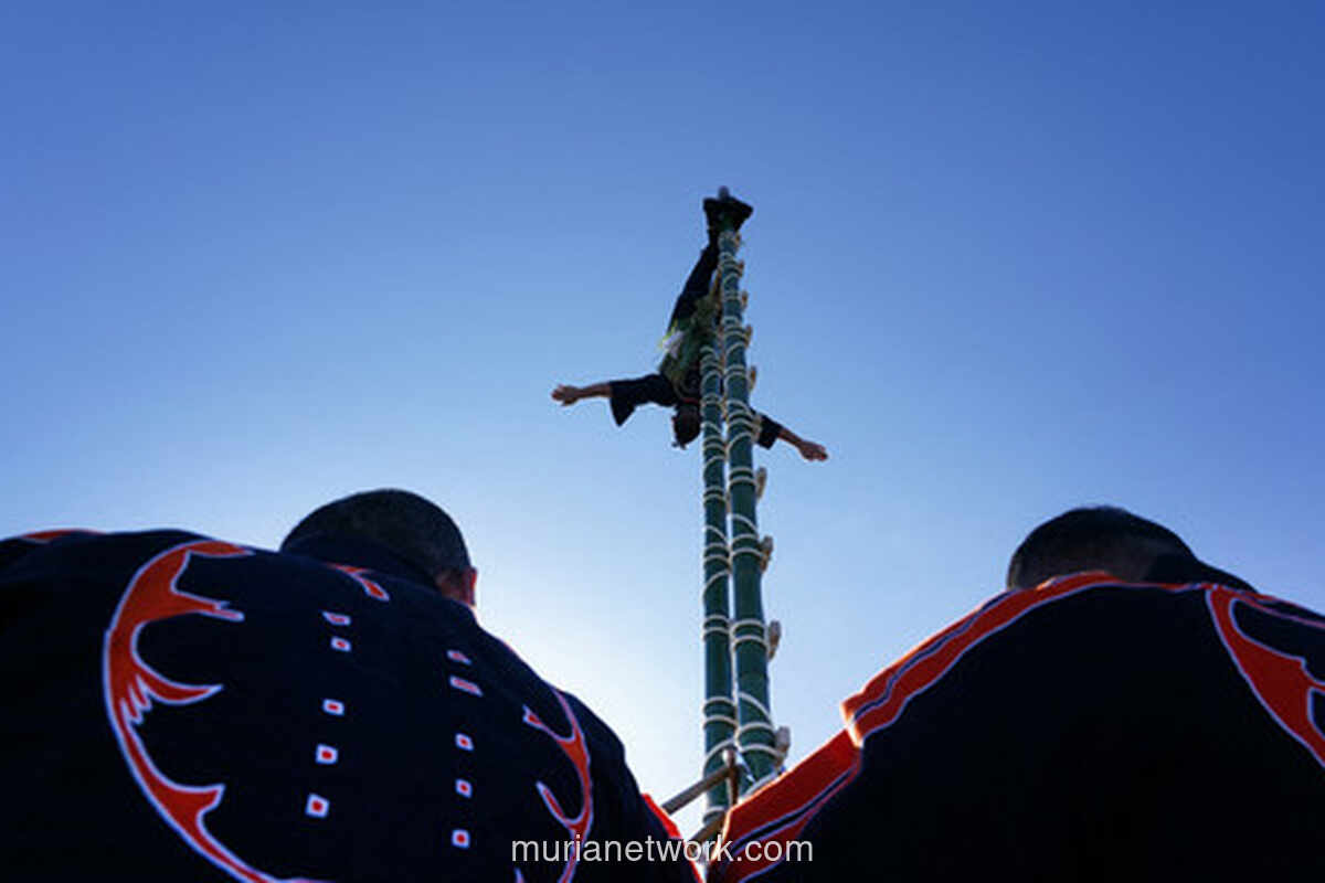 Pemadam Kebakaran Edo Pamerkan Akrobatik di Atas Menara Bambu