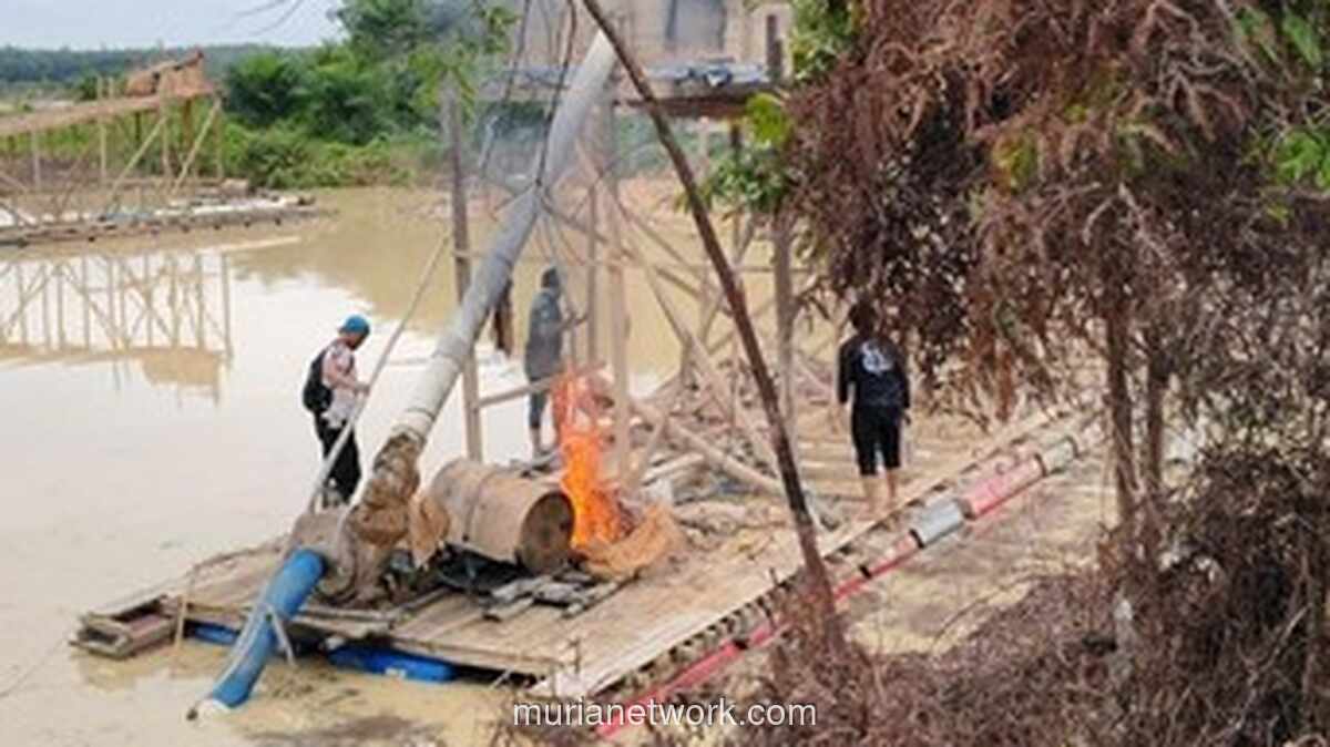 Polres Kuansing Hanguskan Belasan Rakit Penambang Emas Ilegal