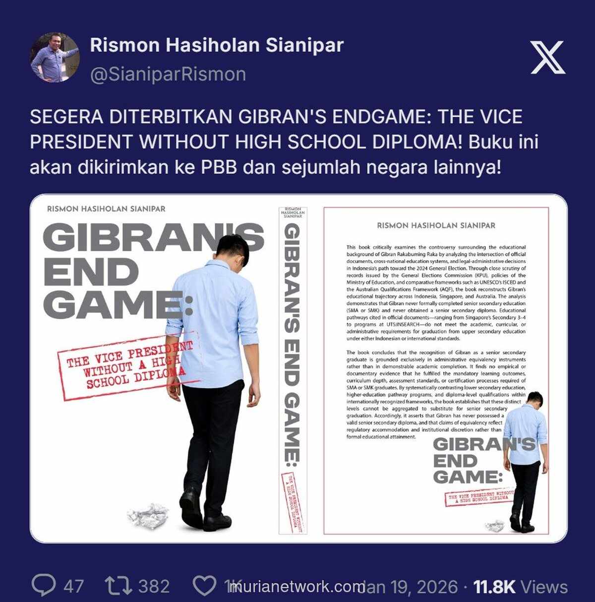 Buku Gibran Tak Lulus SMA Dijadikan Senjata, Akan Diterjemahkan dan Dikirim ke PBB