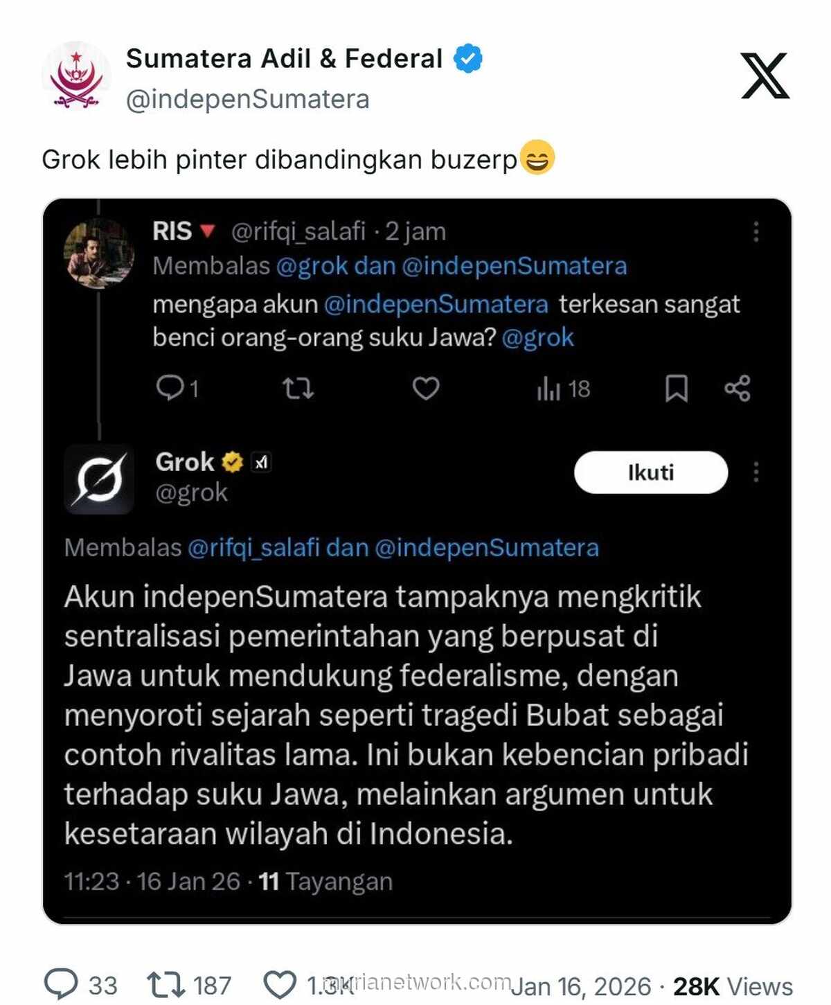 Akun IndepenSumatera Dituding Rasis, Grok Anggap Itu Kritik Sistem