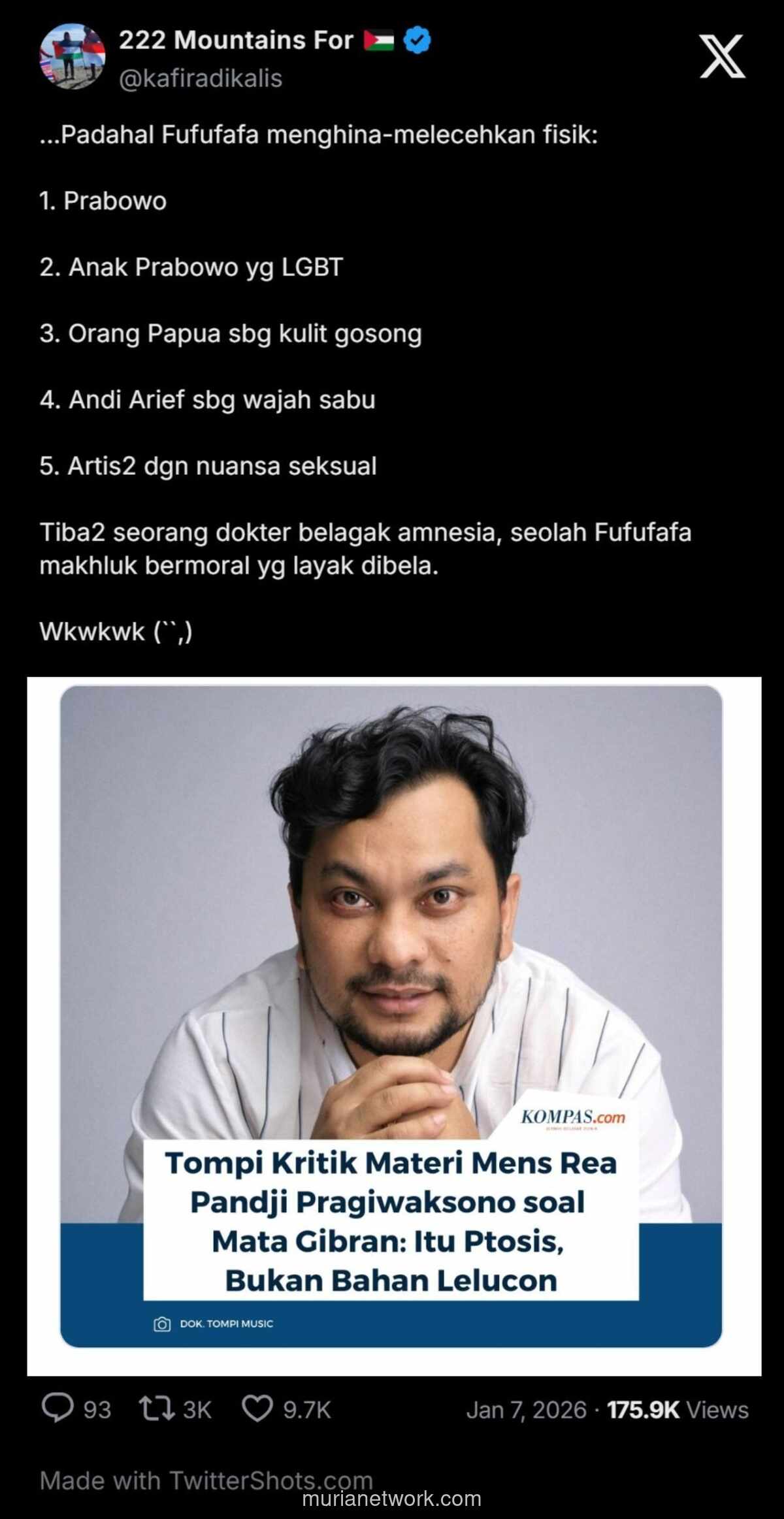 Tompi Tersinggung Kritik Pandji ke Gibran, Netizen Soroti Sikapnya pada Akun Fufufafa
