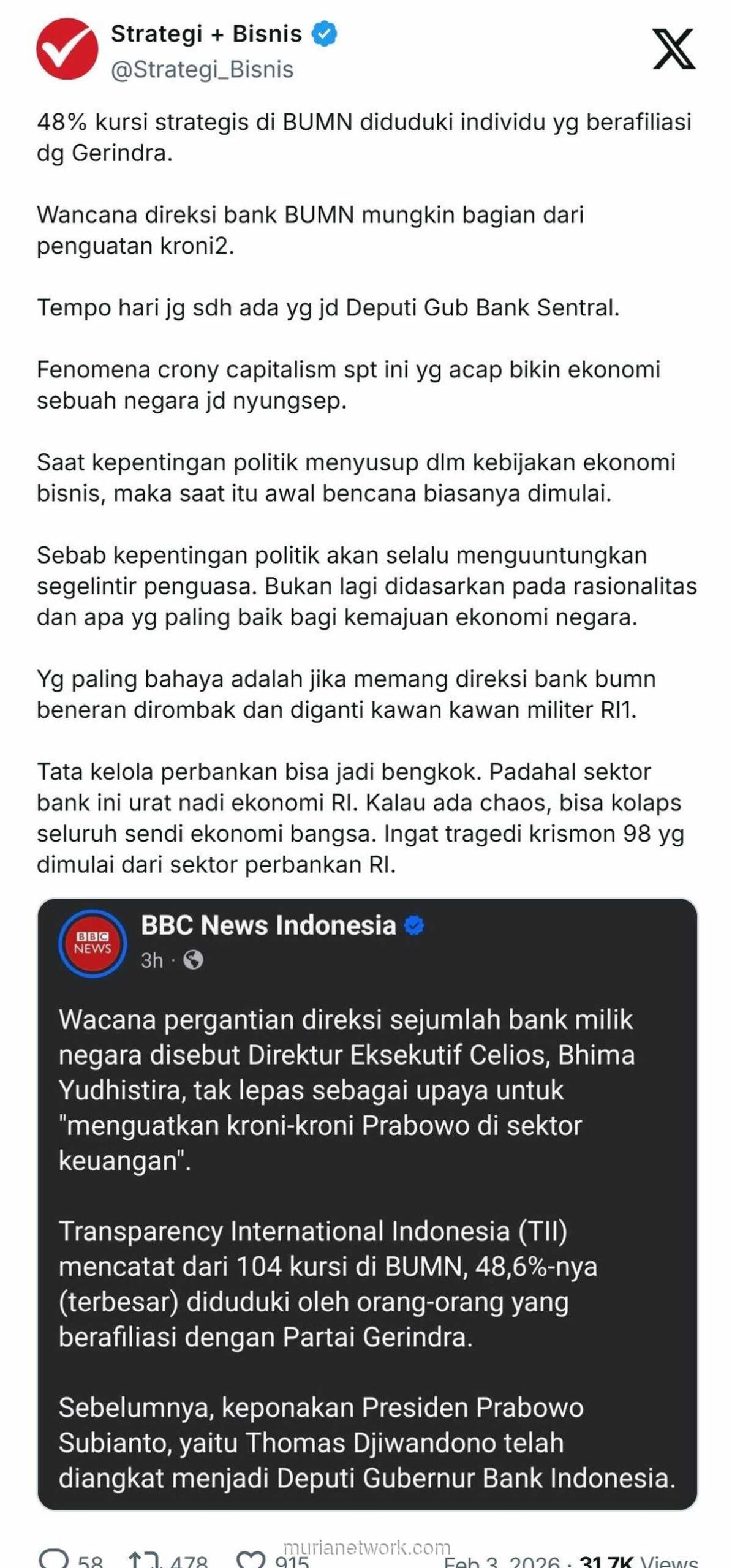 Dominasi Gerindra di Kursi Strategis BUMN: Kroni atau Kebetulan?