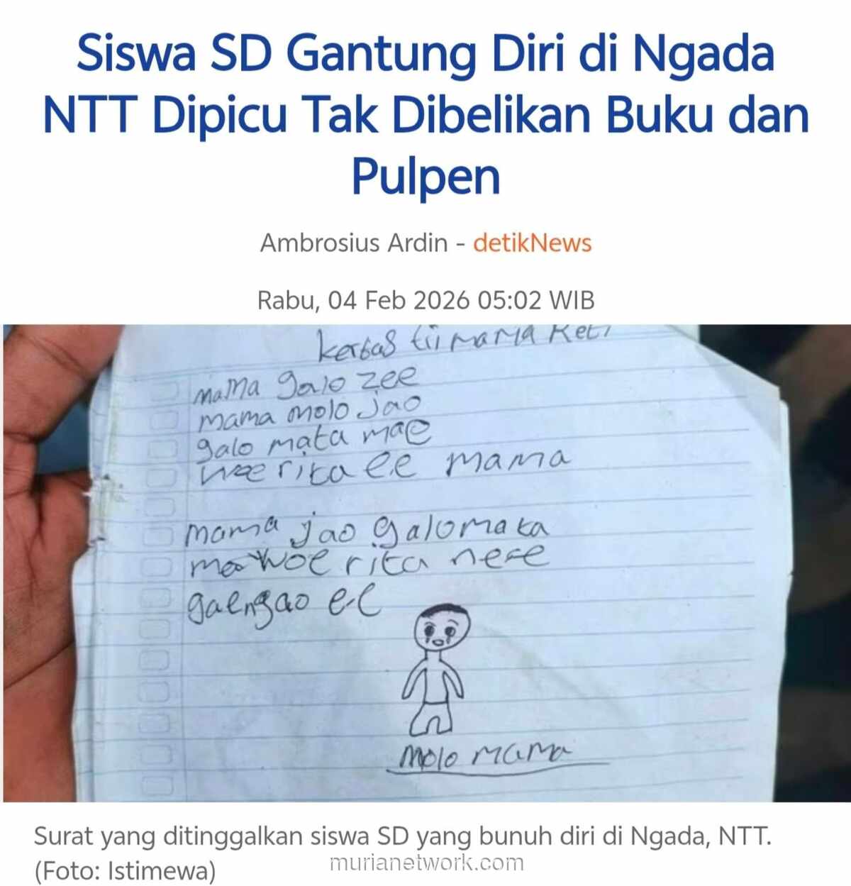 Bocah 10 Tahun Gantung Diri di Pohon Cengkeh, Hanya karena Tak Punya Uang untuk Buku