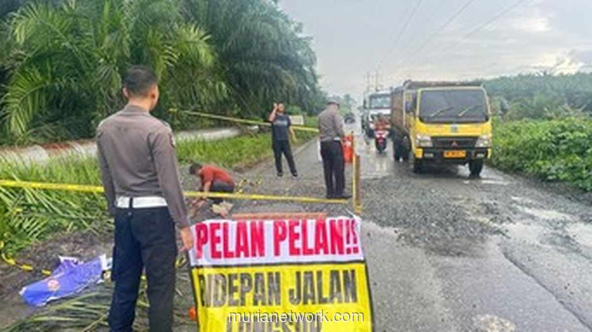 Polisi Siak Timbun Lubang Jalan di Tengah Hujan Demi Cegah Kecelakaan