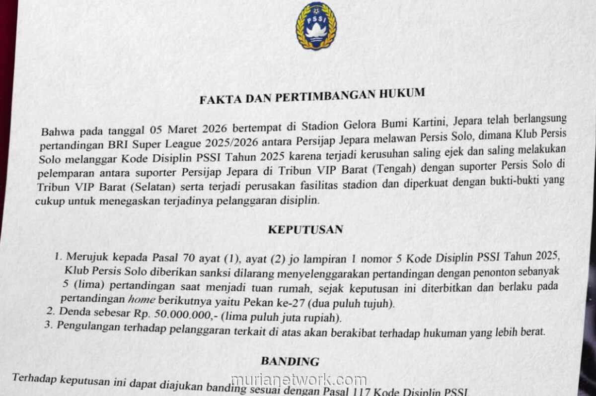 Persis Solo Dihukum Larangan Penonton dan Denda Rp135 Juta Usai Kericuhan Suporter