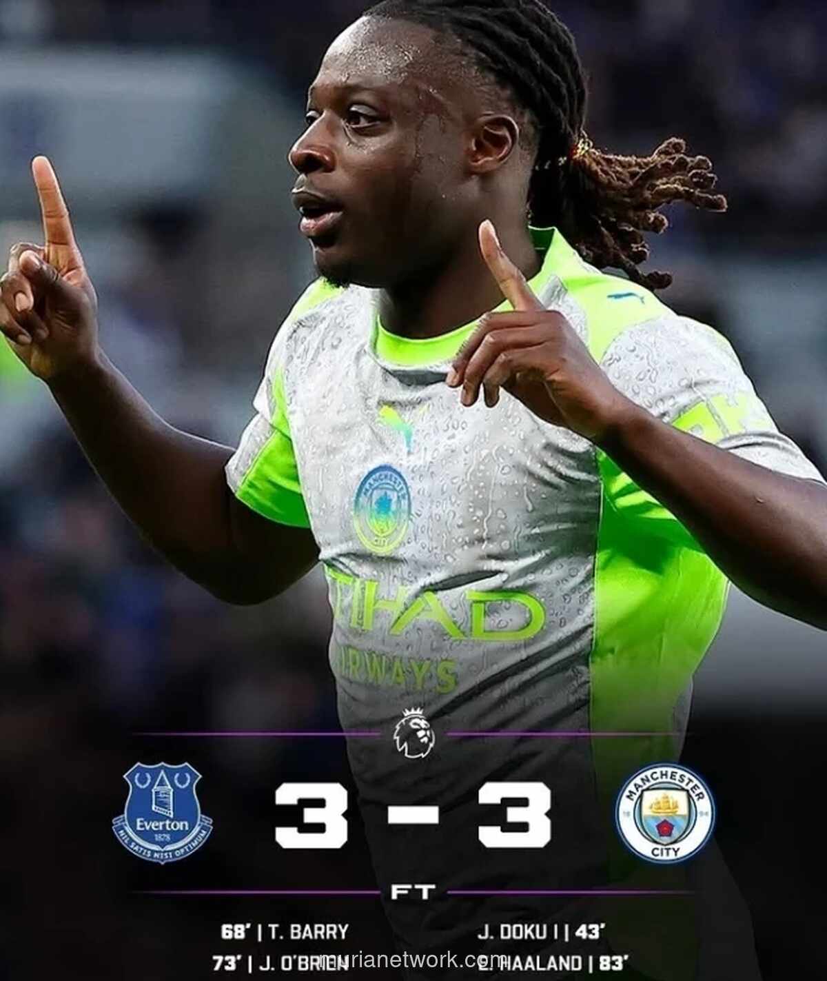 Everton Vs Manchester City 3-3: Drama Enam Gol, Doku Selamatkan The Citizens di Menit Akhir