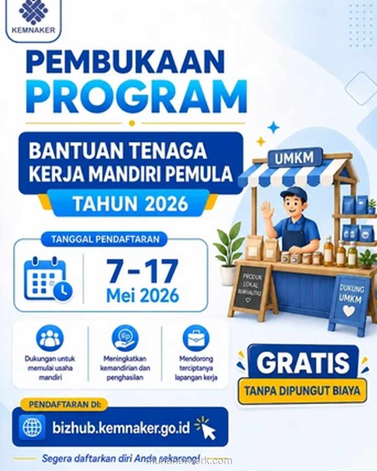 Kemnaker Buka Pendaftaran Program Bantuan Tenaga Kerja Mandiri Pemula 2026 Mulai 7 Mei