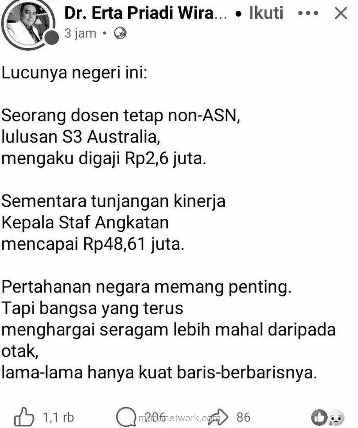 Dosen Non-ASN Lulusan S3 Australia Digaji Rp2,6 Juta, Tunjangan Kepala Staf Angkatan Rp48,61 Juta