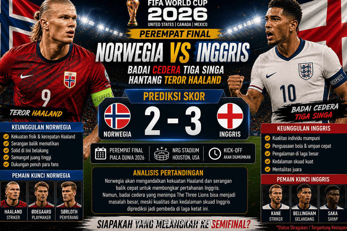 Norwegia Tantang Inggris di Perempat Final Piala Dunia 2026, Haaland Jadi Ancaman Utama