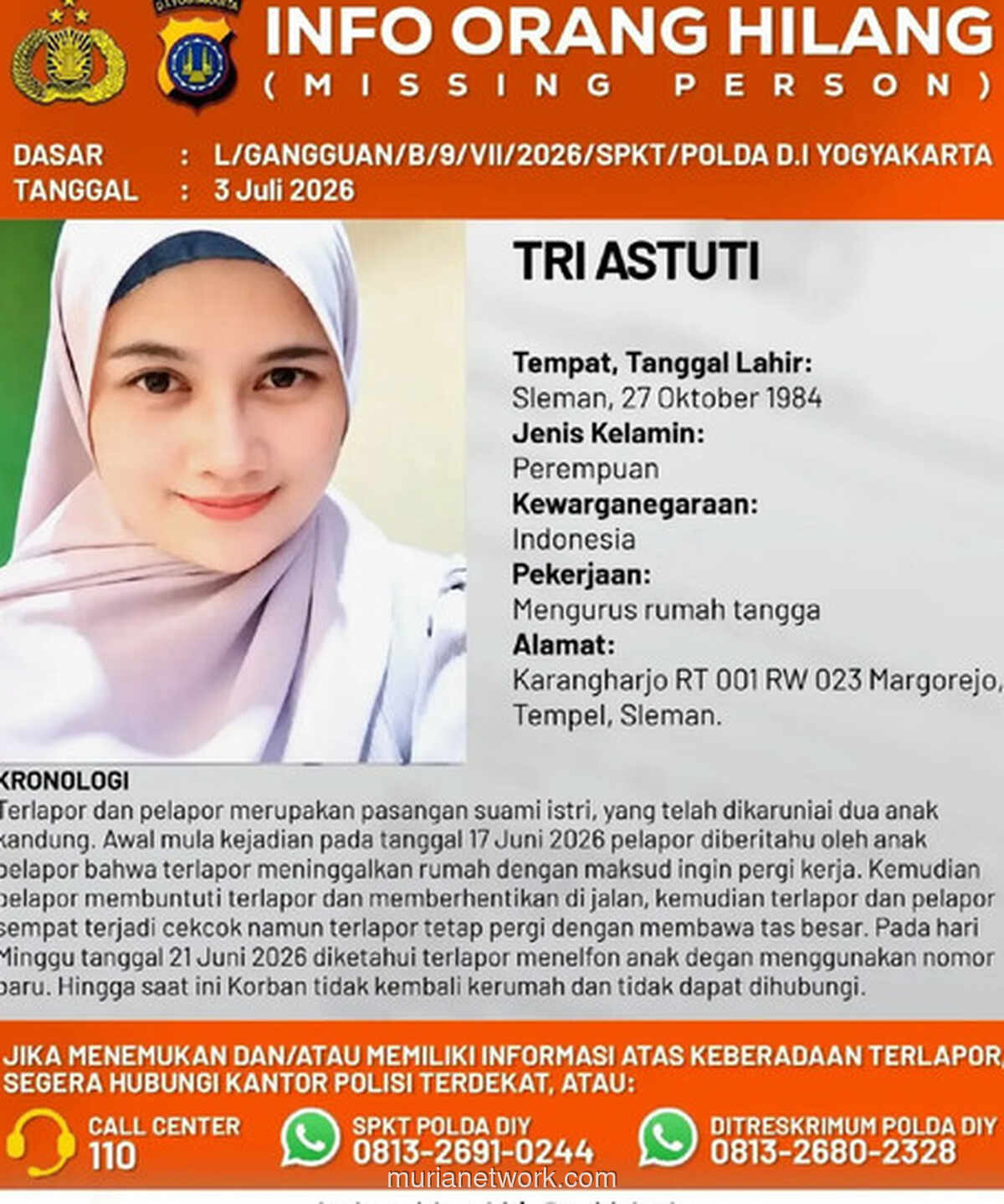 Polisi Cari Ibu Rumah Tangga di Sleman yang Hilang Setelah Pamit Bekerja