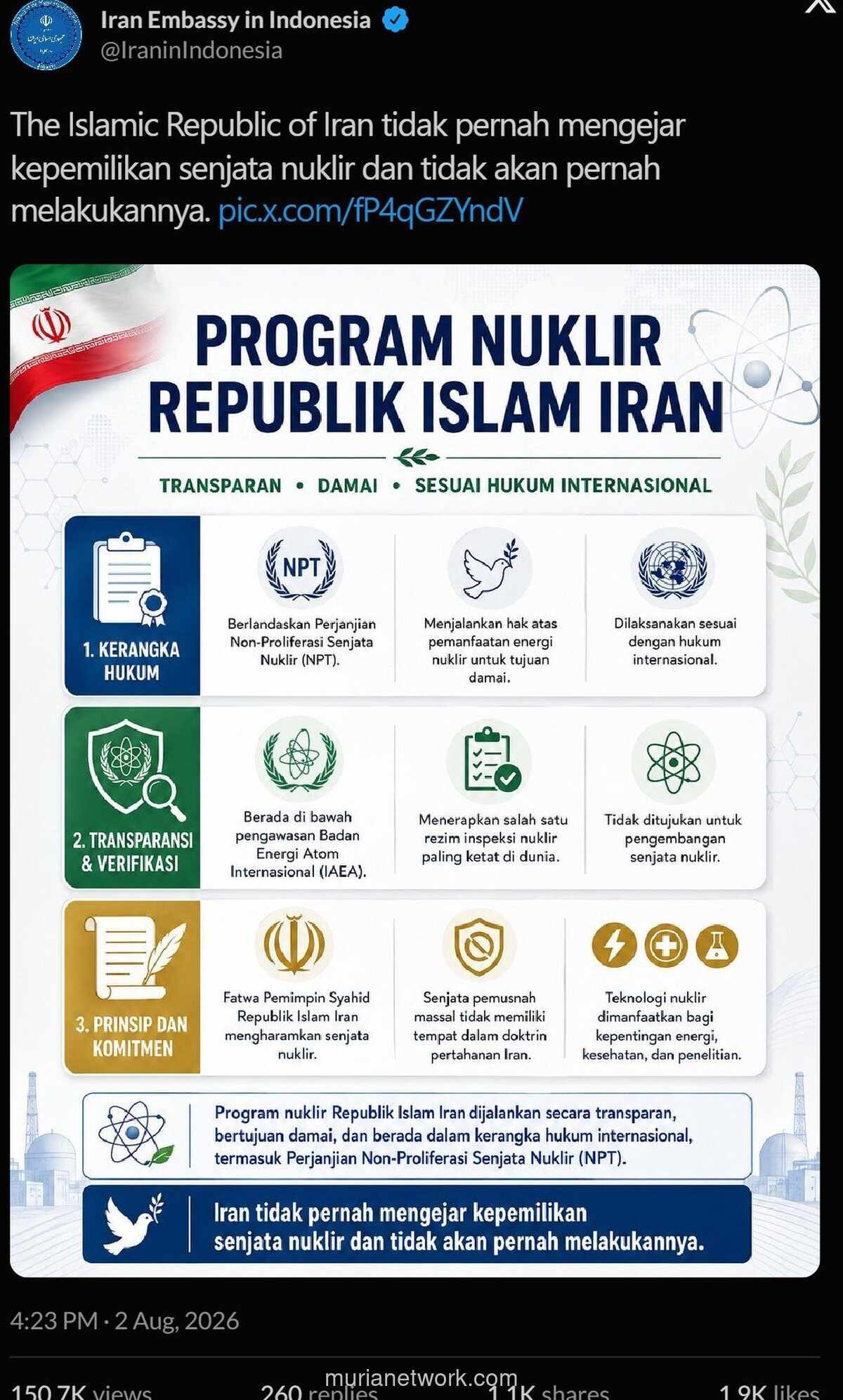 Iran Tegaskan Tak Pernah dan Tak Akan Miliki Senjata Nuklir
