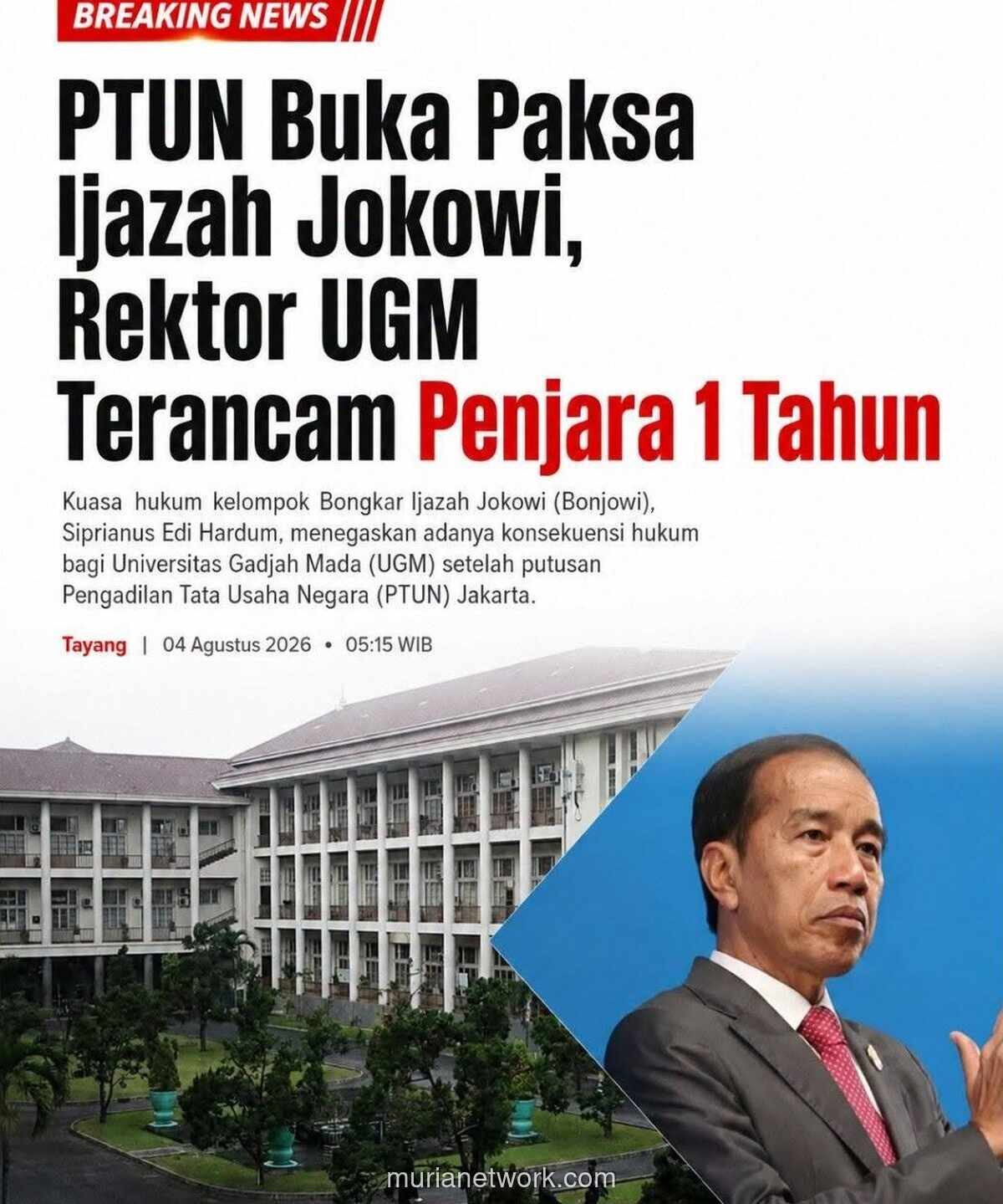 UGM Terancam Pidana Jika Tak Buka Ijazah Jokowi, Kuasa Hukum Bonjowi Ingatkan Sanksi