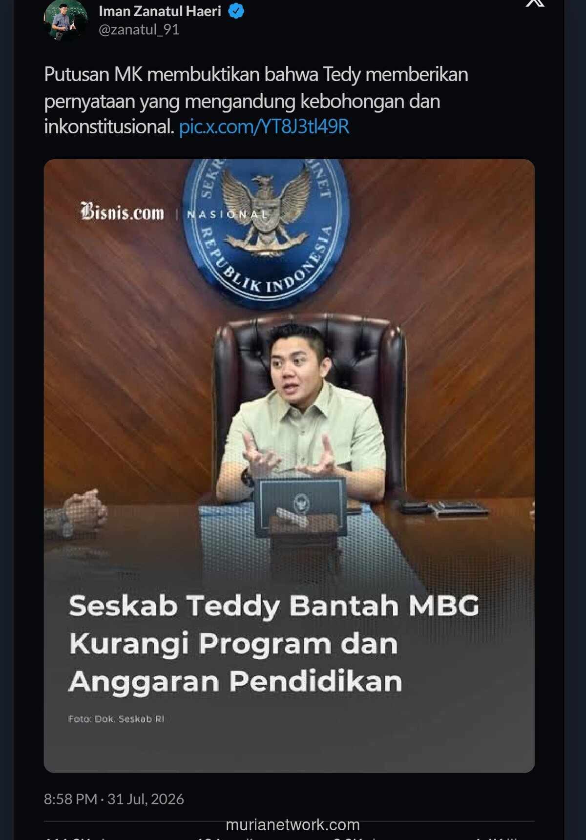 Putusan MK: Pernyataan Seskab Teddy Soal MBG Dinilai Bohong dan Inkonstitusional