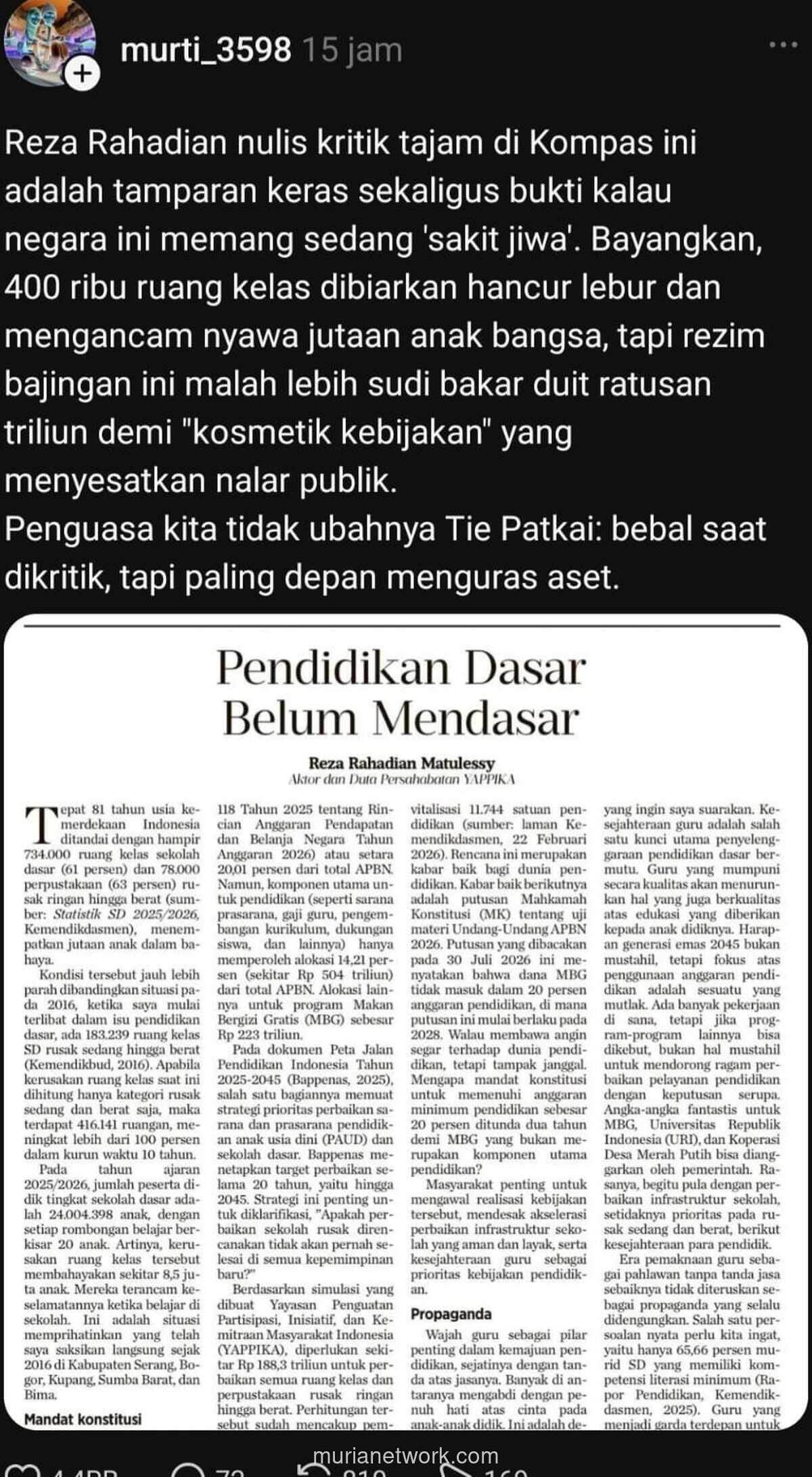 Reza Rahadian: 734.000 Ruang Kelas SD Rusak, Pemerintah Dinilai Abaikan Keselamatan Siswa
