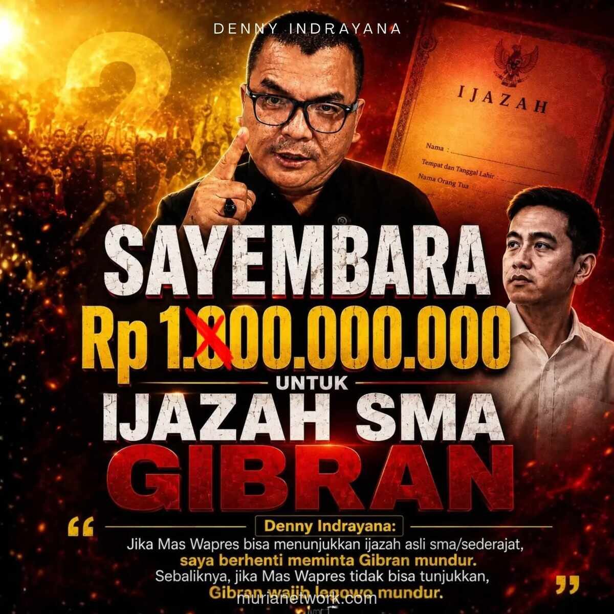 Denny Indrayana Siapkan Hadiah Rp100 Juta bagi yang Bisa Tunjukkan Ijazah SMA Gibran
