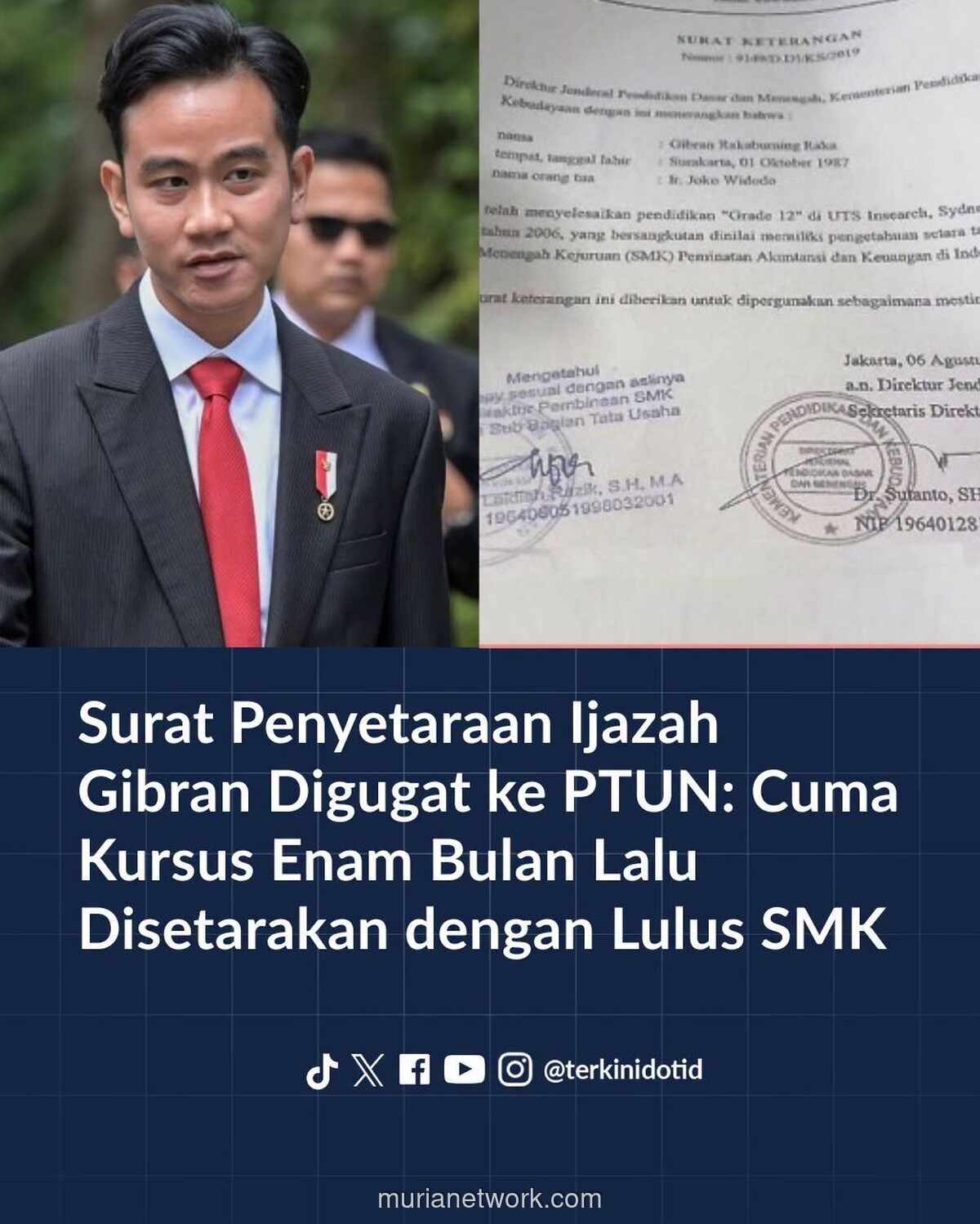 Surat Penyetaraan Ijazah Gibran Digugat ke PTUN
