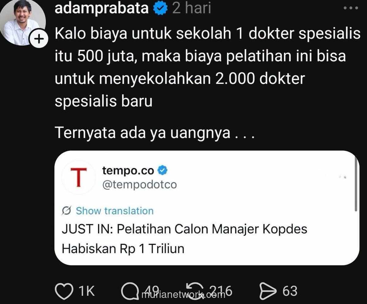 Sentilan Dokter soal Biaya Pelatihan Manajer Kopdes Rp 1 Triliun: Bisa Sekolahkan 2.000 Dokter Spesialis